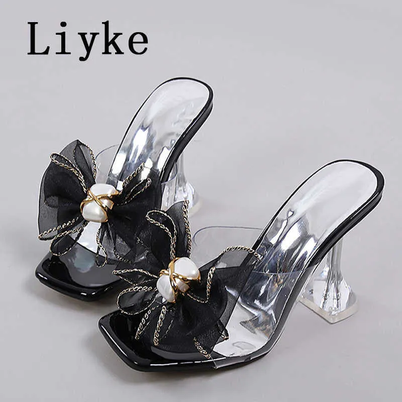 Stor storlek 45 46 Klar klackar för kvinnliga tofflor Black Mesh Bowknot Summer PVC Transparenta Sandals Shoes Ladies Dress Pumps 0129