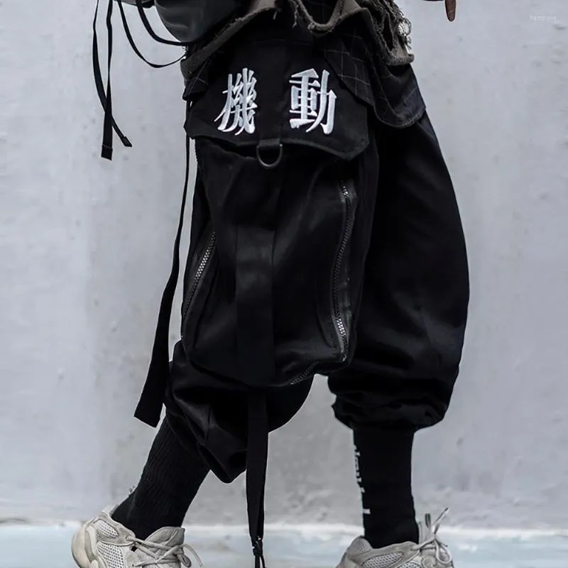 Herrbyxor japanska streetwear kanji band svart rem last jogger män