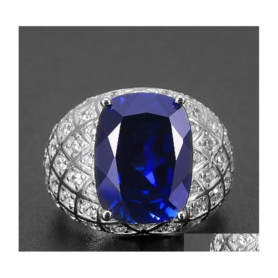 With Side Stones Highend Exquisite Trendy Mens Open Fat Rectangar Sapphire Ring Fl Of Diamonds Inlaid Zircon Simation Dark Blue Tanz Dhiok