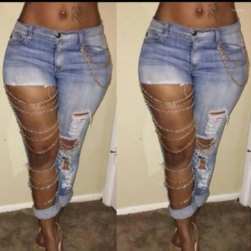 Женские брюки мода преувеличенная большая дыра джинсы Женщины 2023 Летняя цепная цепь подвеса растяжка хлопковые ножки