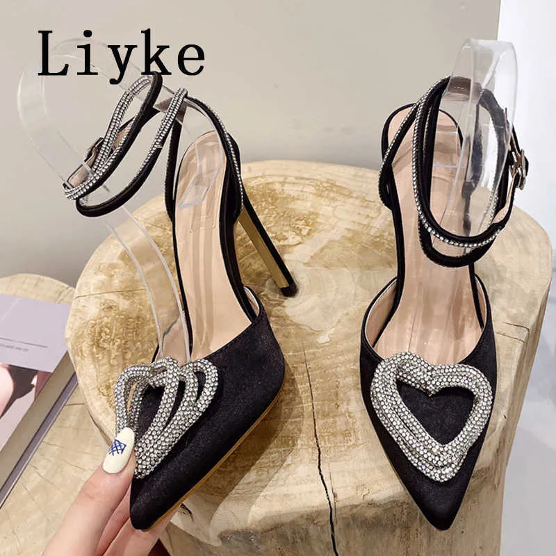 Spring Autumn Ladies Stiletto High Heels Sexy Crystal Heart Buckle Transparent Pumps Sandals Large 43 Women's Shoe Pink 0129