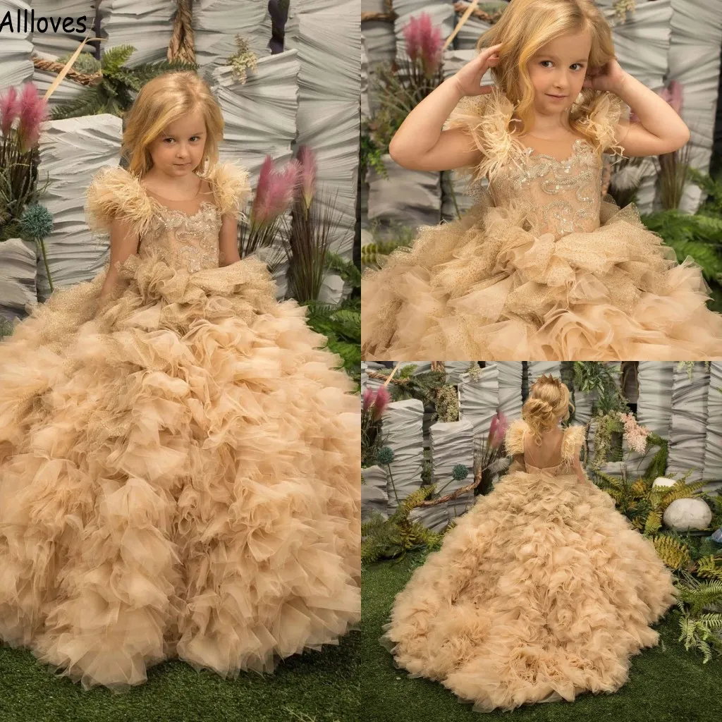 Champagne Fluffy Skirt Ball Gown Flower Girl Dresses Furs Sequined Lace Formal Party Birthday Gowns For Kids Little Girls's Pageant Wedding Communion Dress CL1744