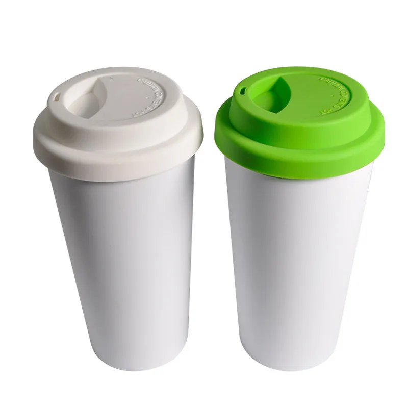 15 oz plastik süblimasyon kapaklı beyaz bardaklar ısı transfer su şişeleri diy 450ml çift yalıtımlı bardaklar yeşil içme süt kupaları hava a12