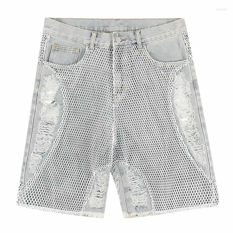 Men's Jeans Hip Hop Hollow Lace Casual Denim Shorts Harakuju Streetwear Ripped for Male Patchwork