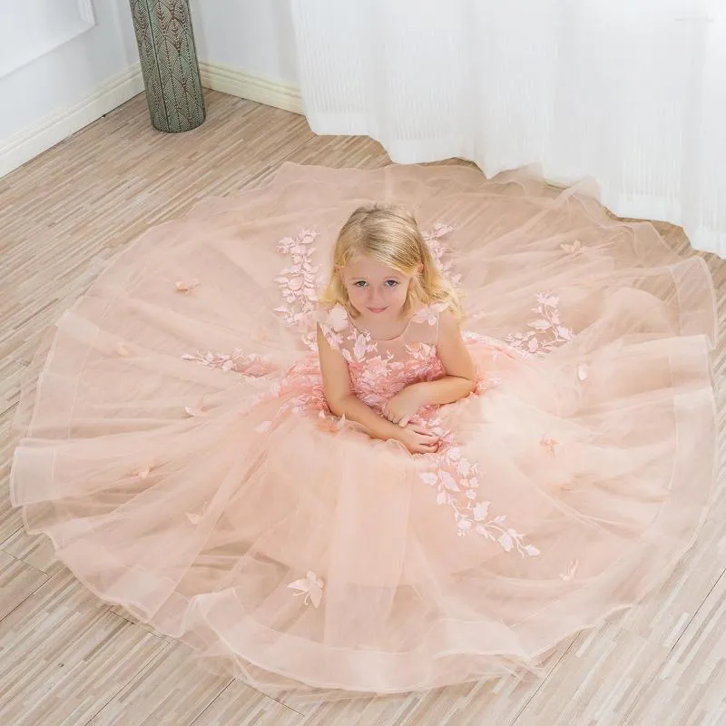 Mädchen Kleider Echt Po Tüll Prinzessin Blumenkleid Schmetterling Blumenapplikationen Ärmelloses Party Ballkleid Kinder Mädchen Pagent