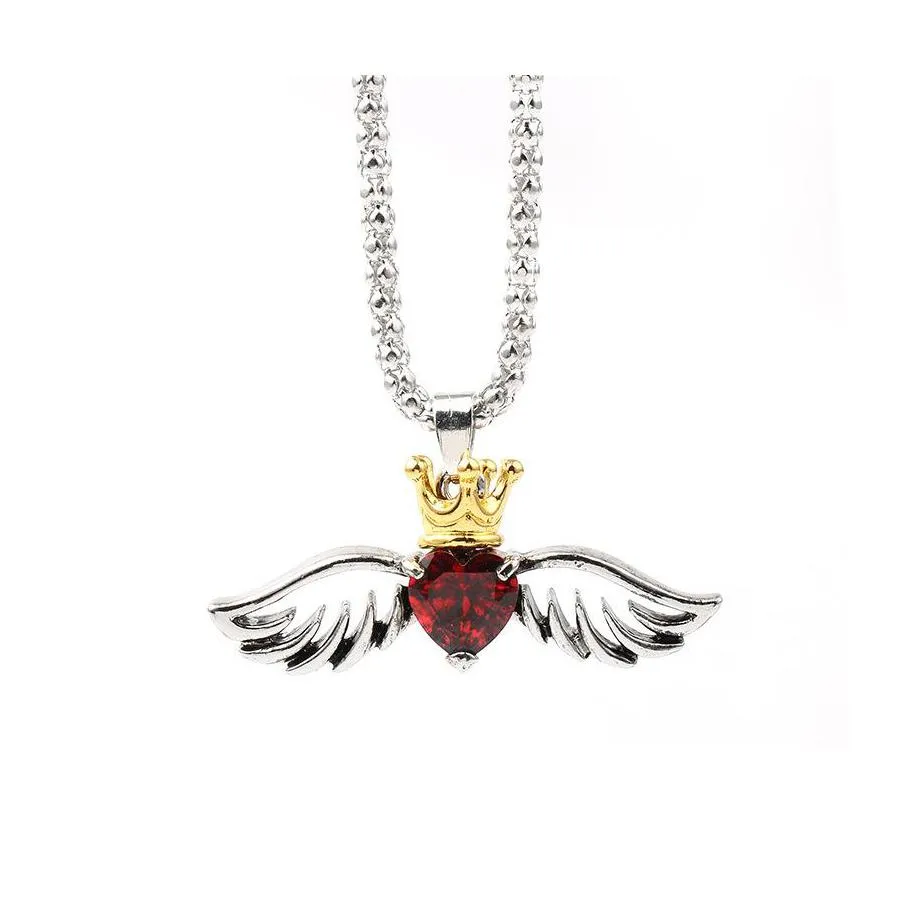 Pendant Necklaces Beauty Queen Crown Charm Collier Stainless Steel Chain Cz Love Heart Angel Wing Necklace Women Dh Drop Delivery Je Dh7Ob