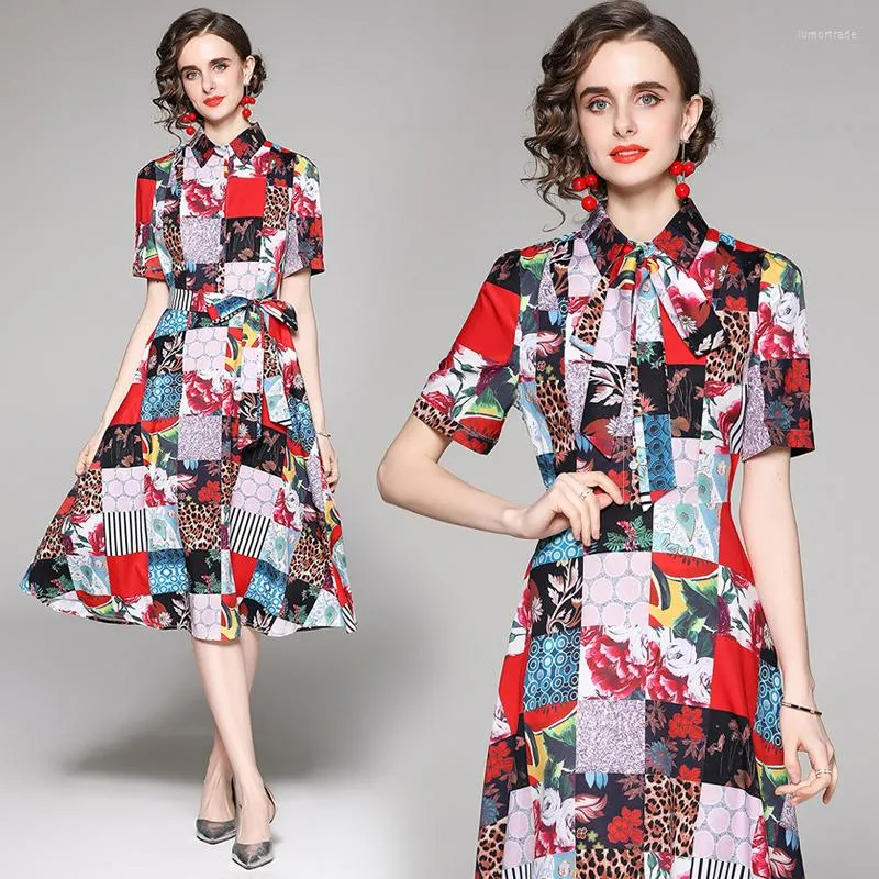 Casual Dresses Summer Vintage Floral Print Collar Bow Tie Neck Kort ärm Empire Midja Kvinnliga damer Party A-Line Kne Length Dress