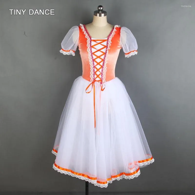 Stage Wear Arrival Of Puff Sleeve Long Ballet Dance Tutu Orange Velvet Bodice With Romantic Length Leotard Dress Costumes 20001