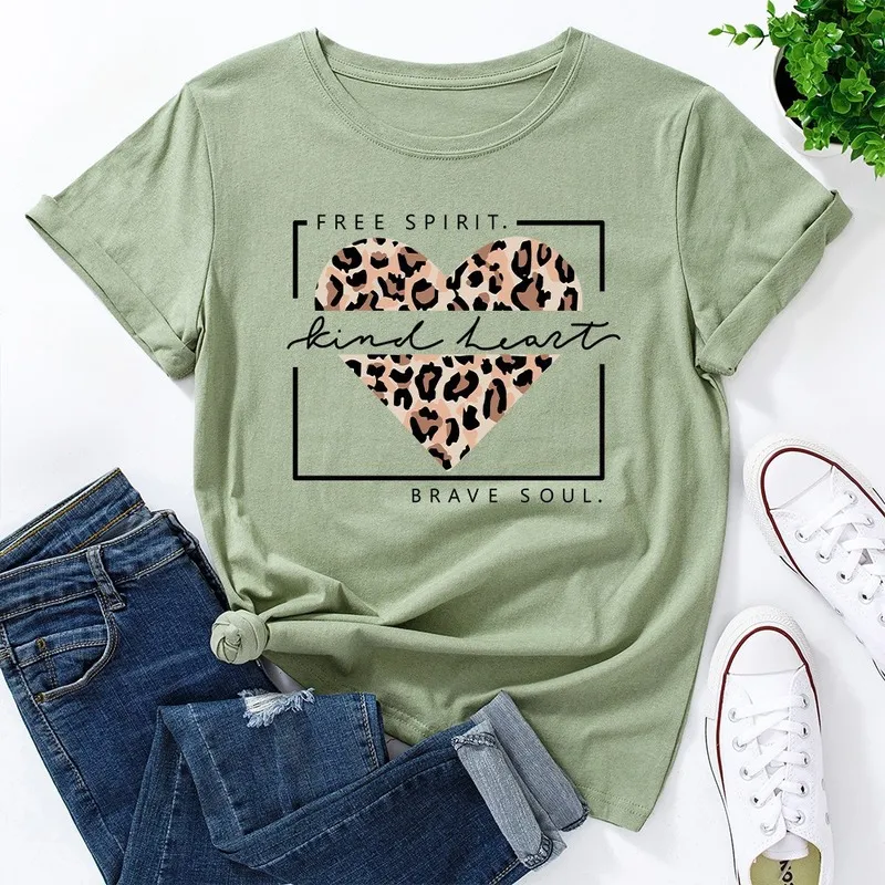 Maglietta da donna Estate Cotone Moda donna Magliette Leopard Heart Print Abiti a maniche corte Vintage Ladies Tee Top Donna ONeck TShirts 230130