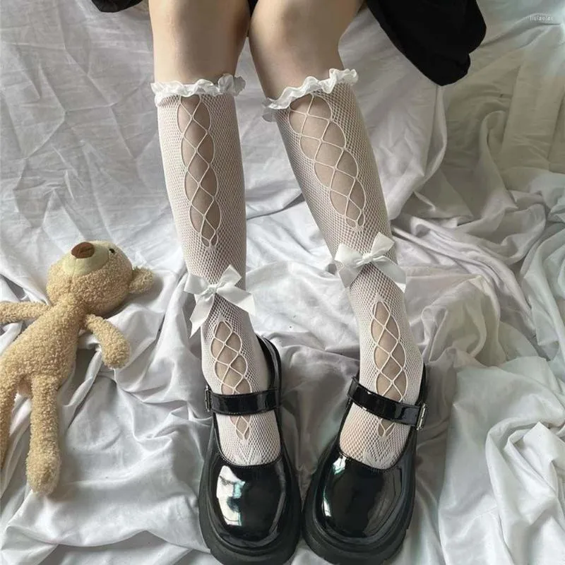Women Socks Women's Stockings Hollow Sexy Lolita Fishnet Cute Bow Mesh Knee Clothing Accessories For Girl JK