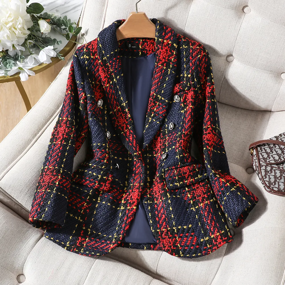 Costumes pour femmes Blazers haute qualité épais hiver Blazer femmes mode dames rouge bleu Plaid manteau femme mince décontracté simple boutonnage veste 230130