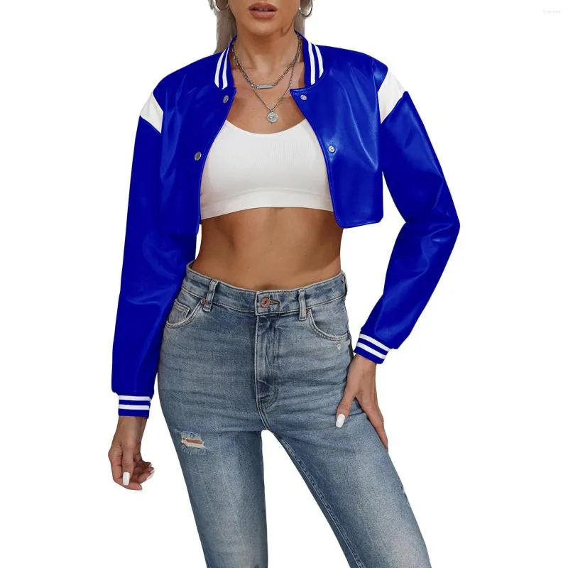 Women's Jackets Women Autumn Short Baseball Jacket Long Sleeve Button Contrasting Color PU Motorcycle Trendy Super Small Coat