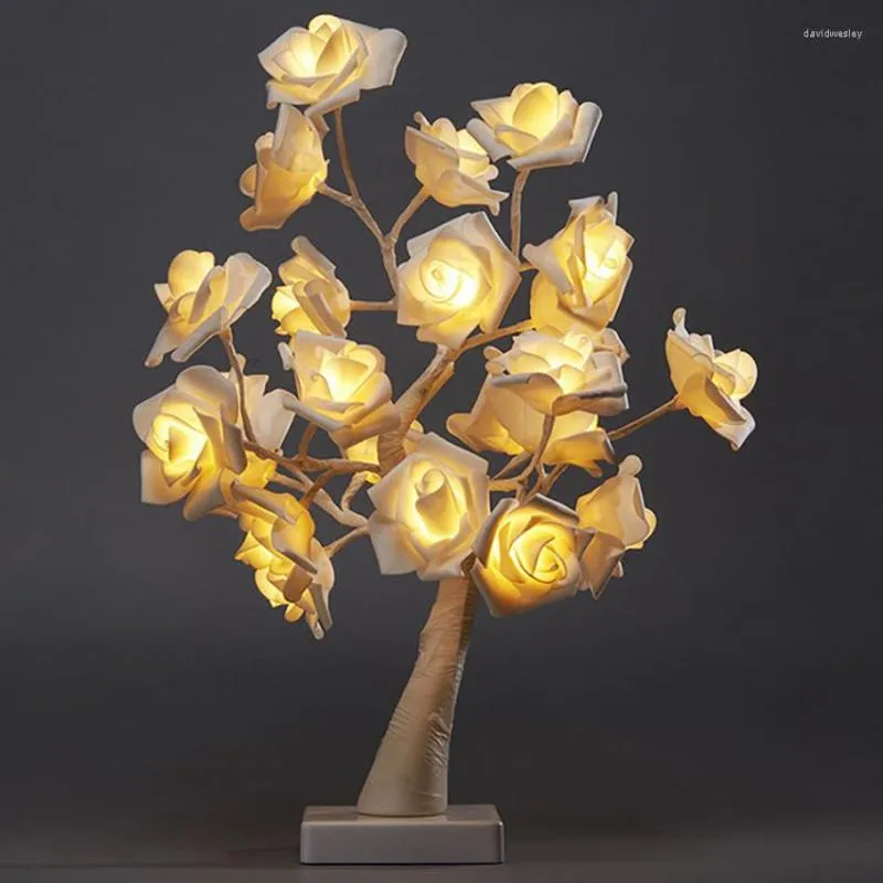 Masa lambaları Led Beyaz Pembe Gül Çiçek Başucu Yatak Odası Gece Işık Lambası Ev Dekorasyon Simülasyon Ağacı Noel Düğün Partisi