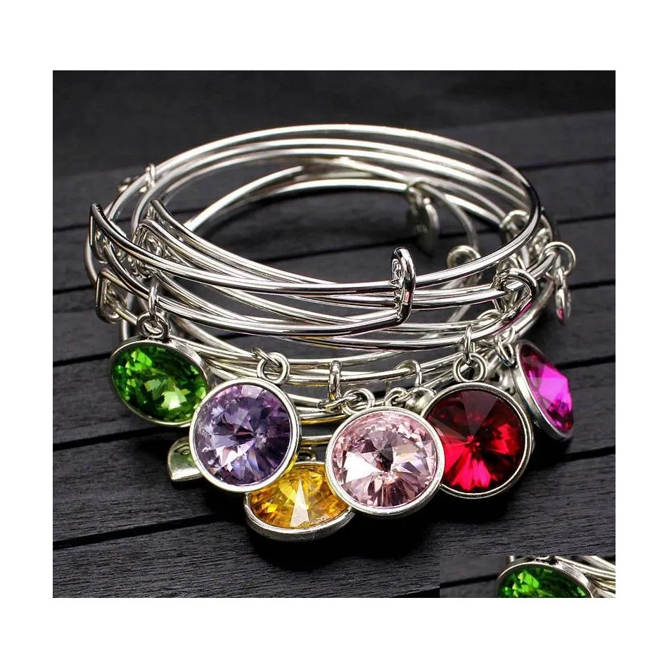 Bangle Fashion Usa Crystal Birthstone Pendant Charm Bracelet Expandable Wire Adjustable For Women Men Lucky Jewelry Fit Brithday Gif Dhx3N