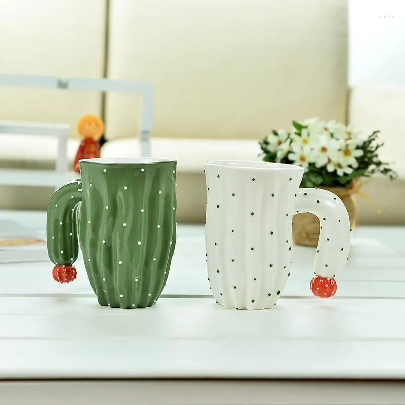 Mugs Tea Mug Coffee Cup Tumbler Ceramic Plant Shape Caneca Cactus Emboss Cartoon Drinks Round Handle 420ml 1pcs