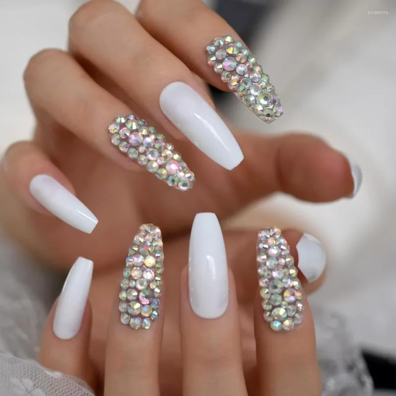 NIUREDLTD Press On Nails Long, 3D Rhinestones Coffin Nails With