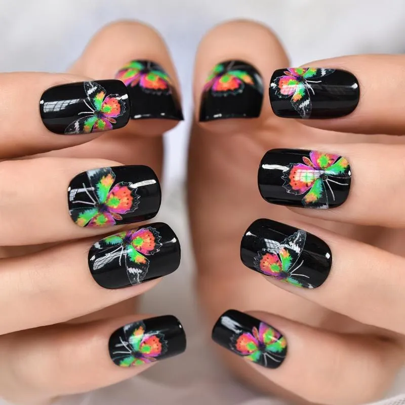 Falso unhas Pressione em Squoval Short Multi Color Butterfly Padrão reutilizável unhas de capa completa salões de base preta em casa fofa