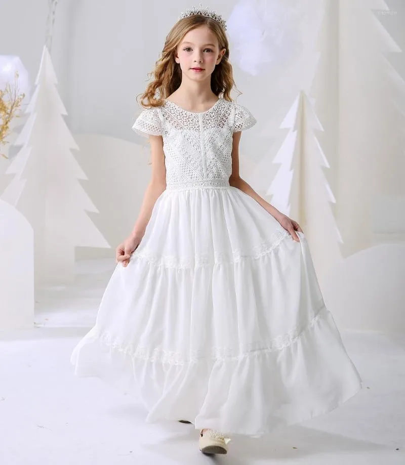 Girl Dresses Cap Sleeves First Communion For Little A-line Chiffon Lace Long Flower Weddings Kids Baby