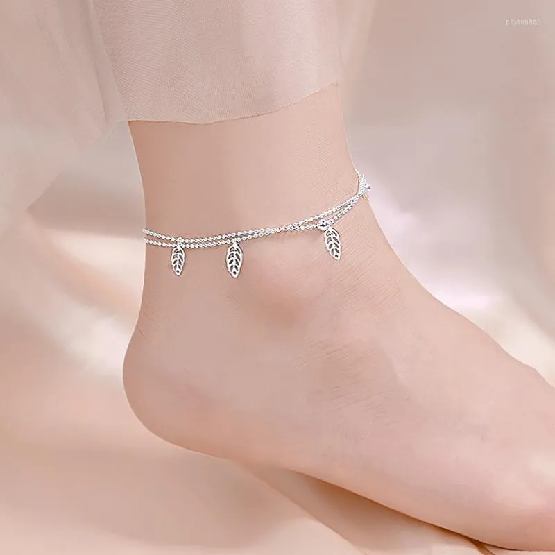 Anklets Women's Leaf Anklet Fathing Fashion i młoda osobowość platowana 925 Srebrna podwójna warstwowa kulki kulki