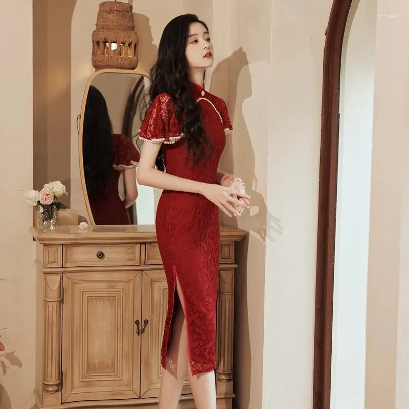 Ethnic Clothing Summer Wedding Dress Modern Cheongsam Chinese Traditional Retro Red Embroidery Bride Toast Pearl Lace Qipao Formal Party