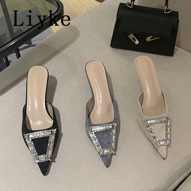 Été femmes Mules pantoufles mode cristal boucle bout pointu peu profond talons minces diapositives chaussures dames pompes sandales 0129