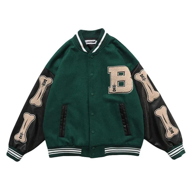 Men's Jackets Vintage Bone Varsity Jacket Men Leather Sleeve Plush Letterman Women's Bomber Hip Hop Coat Oversize Green Purple 230130