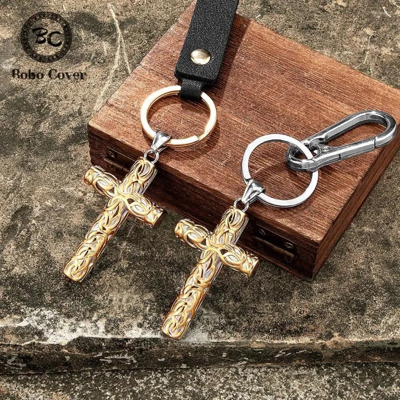 Nyckelringar Retro rostfritt stål Cross Keychain Mens Christian Religious Knife Pendant Spring Snap Buckle Car Keyring Vikings Norse Jewelry