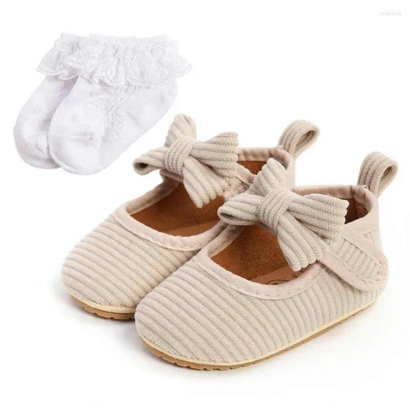 First Walkers Baby Infant Non-Slip Soft Sole Cute Bowknot Corduroy Shoes Princess Wedding Toddler Girls Flats With Socks 0-18M