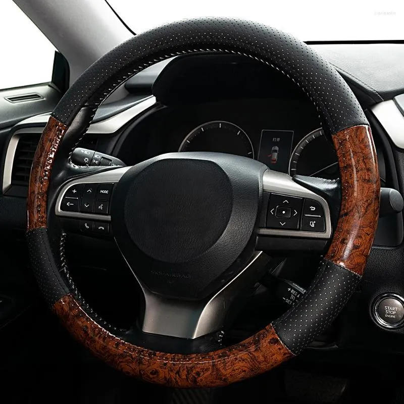 Pokrywa kierownicy okładka samochodowa Ziarno Drewna Czarna skóra dla uniwersalnego 14 1/2-15 cala oddychającego Automatyczne akcesoria wnętrza
