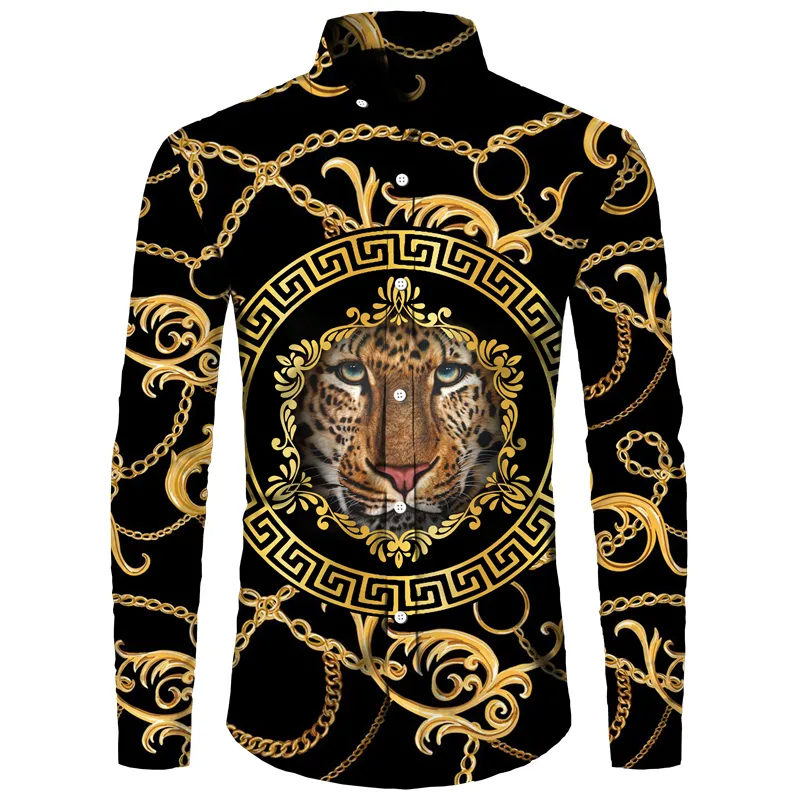 Men's Casual Shirts Golden Lion Pattern 3D Print Men Long Sleeve Turn-down Collar Button Tops Fashion Baroque Style Streetwear Clothing 230130