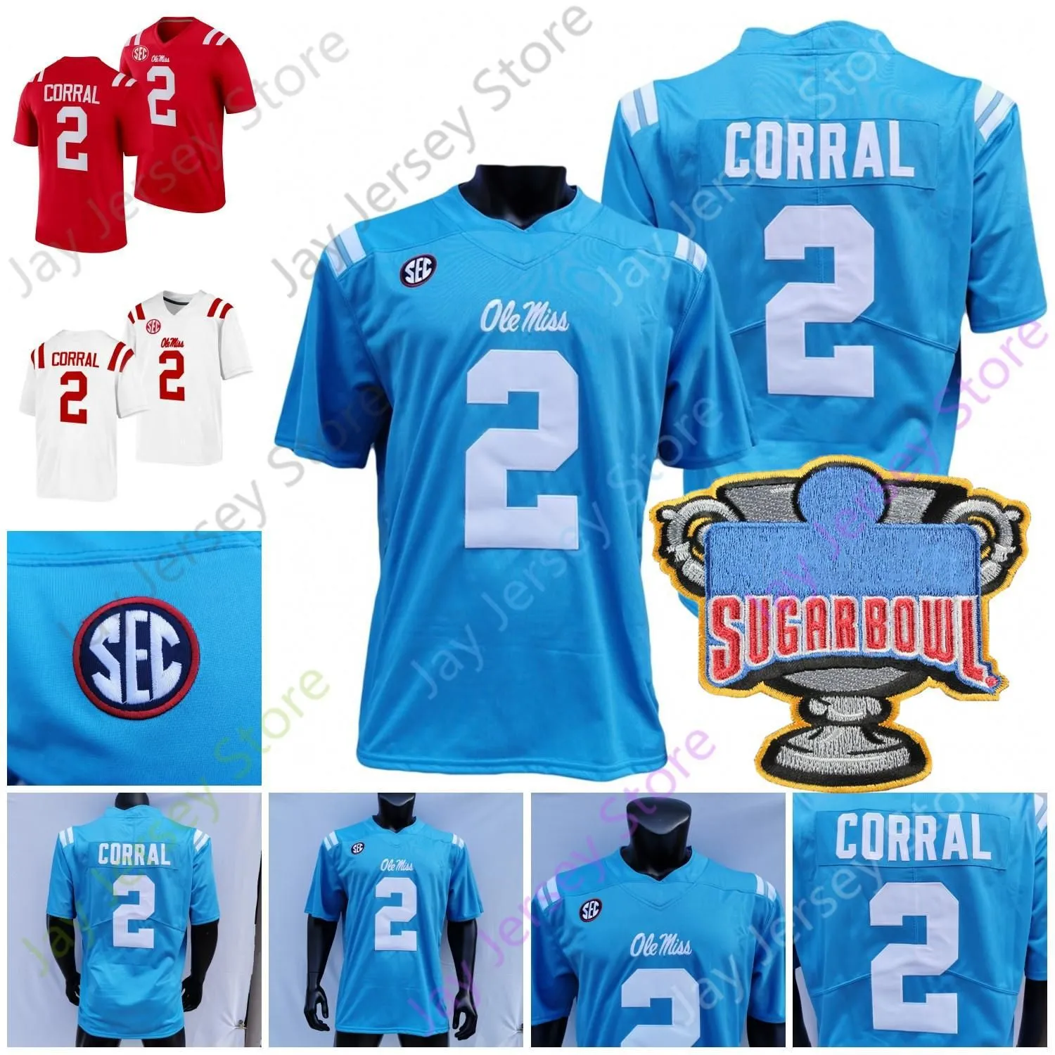 Nya fotbollströjor fotbollströjor 2022 Ny NCAA Ole Miss Rebels Football Jersey 2 Matt Corral College Sugar Bowl Patch Red Baby Blue Whi WHI