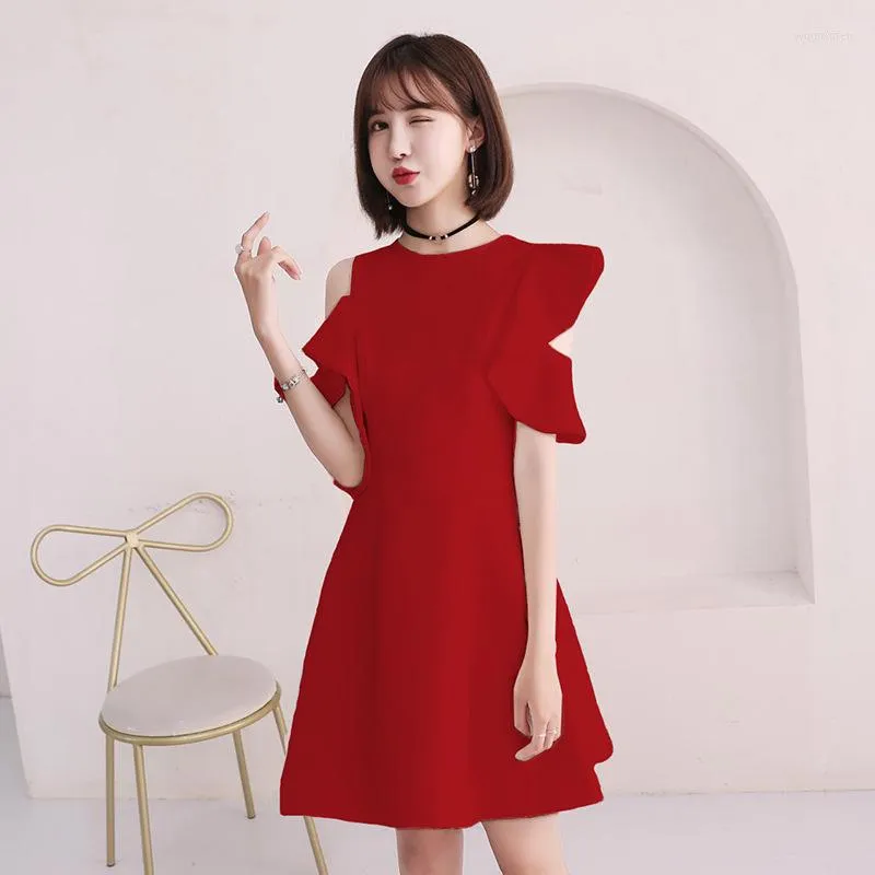 Ethnische Kleidung Dame Solid Asmmetrical Cheongsam One Shoulder A-Line Formelles Partykleid Sexy Volants Edge Hole Qipao Butterfly Sleeve