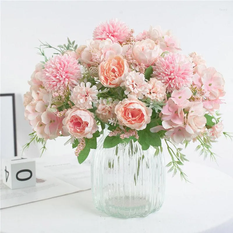 Dekorativa blommor bröllop bukett konstgjorda siden rose pion blommor brud hortensia pompom knopp vanilj spik leveré rosa parti