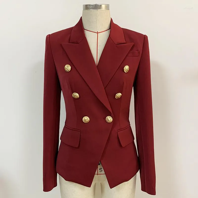 Women's Jackets 2023 High Quality Fashion Jacket Coat Metal Lion Buckle Double Breasted Slim Fit Suit Burgundy O82