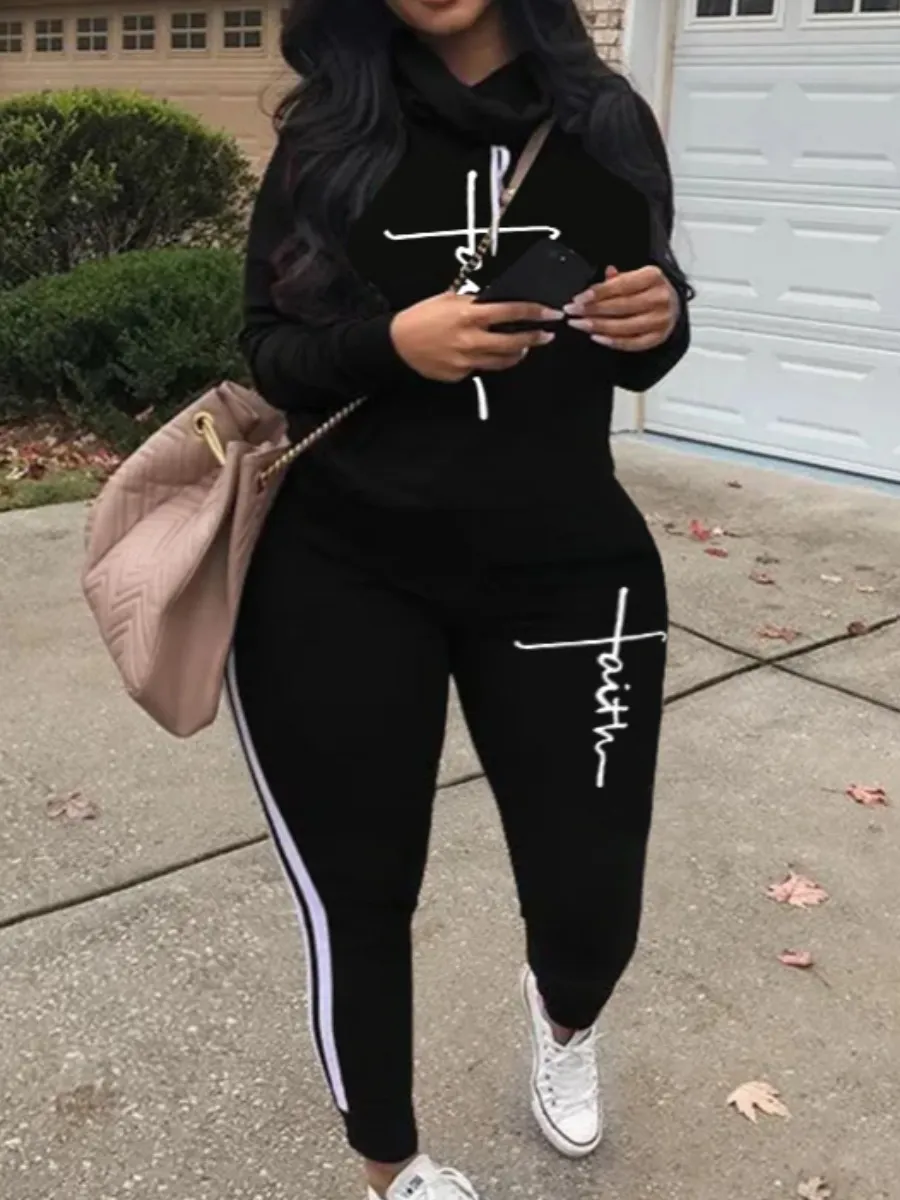 Meninas Plus Size Size Ruos LW Carta Faith Print Print Stried Tracksuit Set Collar Capoled Treples Strety Slaves Longa Casual Sports Sports 230130