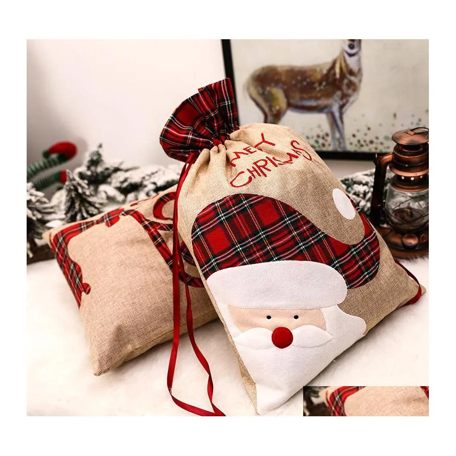Рождественские украшения подарочный пакет Pure Cotton Canvas Dstring Носок с рождественским дизайном Santa для подарков кондитерские пакетные сумки WY1382 ​​Drop Deviv DHAM8