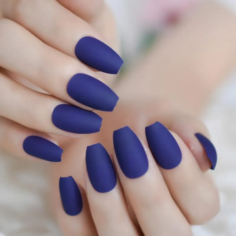 24 Hand Painted Gel Press On False Nails Matte Blue Coffin Stiletto Square  Oval | eBay
