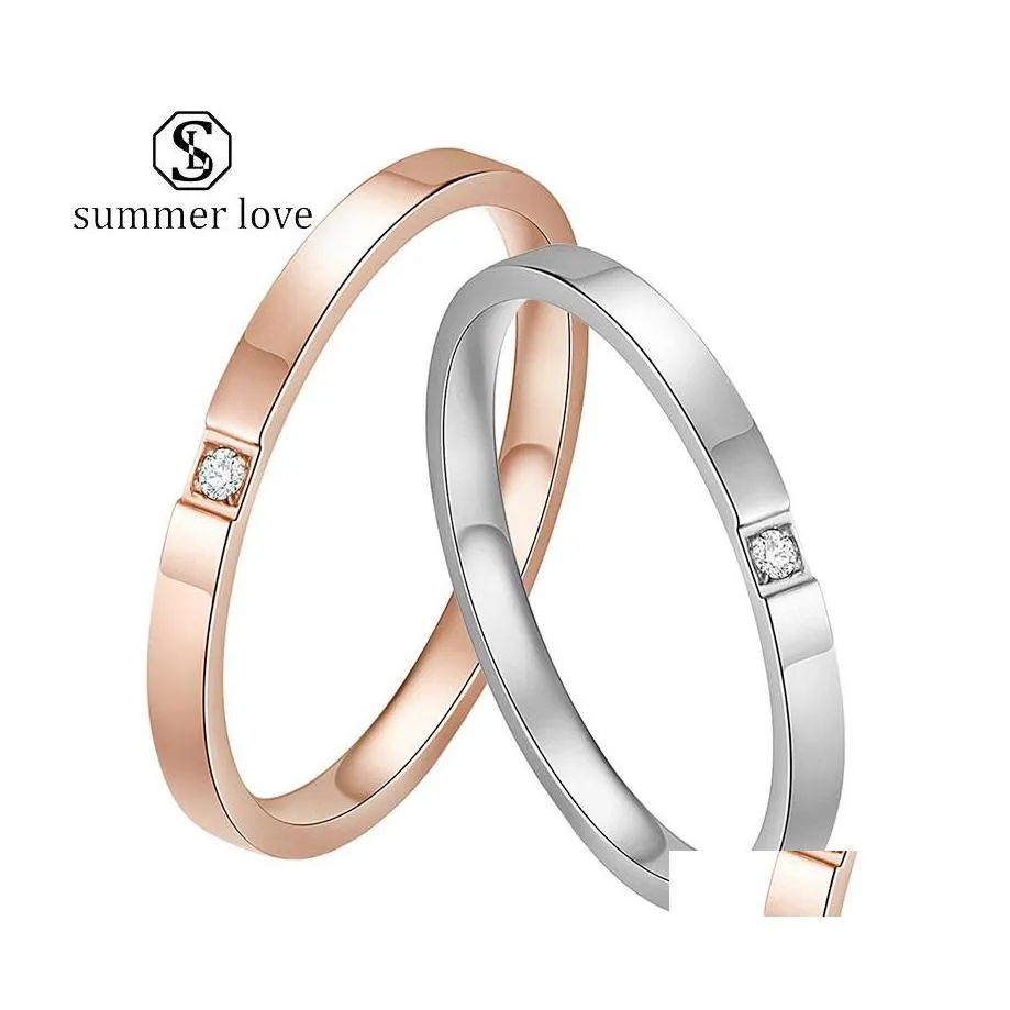 Band Rings Stainless Steel Square Zircon Ring Sier Rose Gold Stackable Size 49 Fashion Couple Wedding Jewelry Gift For Women Men Y D Dh9Jb