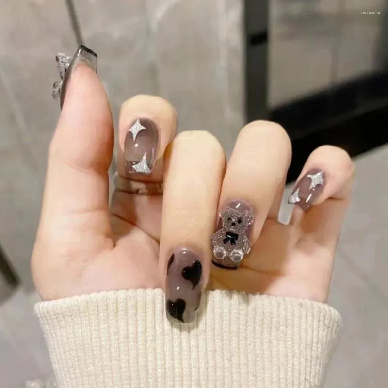 Yanlış Tırnaklar 24 PCC Siyah Kısa 3D Stereo Bear Sahte Çıkarılabilir Fransız Kare Baş Nail Diy Manikür Dekorasyon