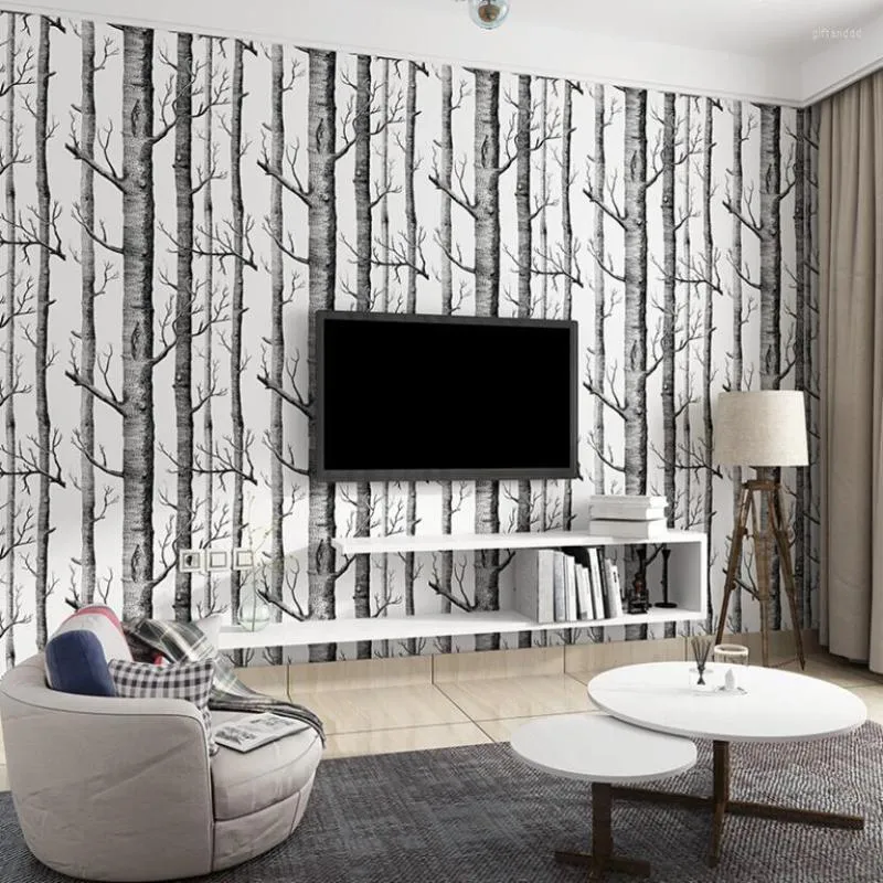 Tapeten Nordic Schwarz Weiß Baum Tapete Wandmalereien 3d Wald Wohnzimmer Wand Papierrolle Dekoration Natur Wandbild Ez138