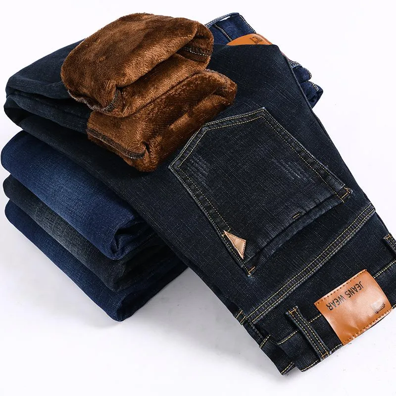 Mens Jeans 2023 Autumn Winter Plus Velvet Business Men Classic Style Dark Blue Cotton Stretch Denim Pants Man Rakt varumärke