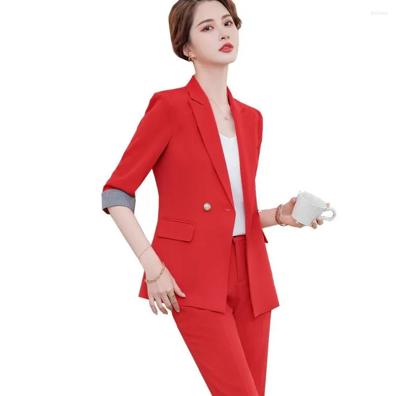 Damen Zweiteilige Hosen Frühling Sommer Frauen Einreihiger Hosenanzug Schwarz Weiß Rot Büro Damen Business Formeller Blazer und Hose