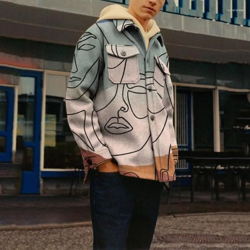 メンズジャケット秋の大型メンズカジュアルルーズプリントジャケット2023ラペルトレンドアブストラクトラインコートティーンハイストリート服