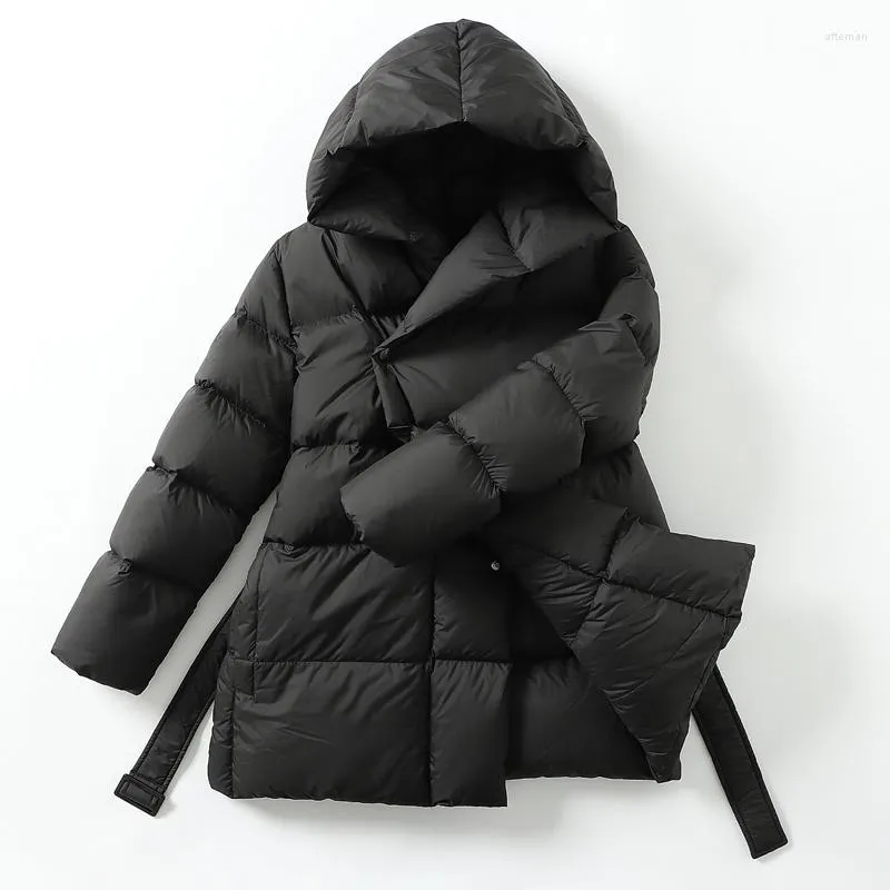 Damen-Trenchmäntel, Damen-Daunenjacken, 2023 Winter, ultraleicht, warm, lässiger Mantel, weibliche Pufferjacke mit Gürtel, Übergröße mit Kapuze