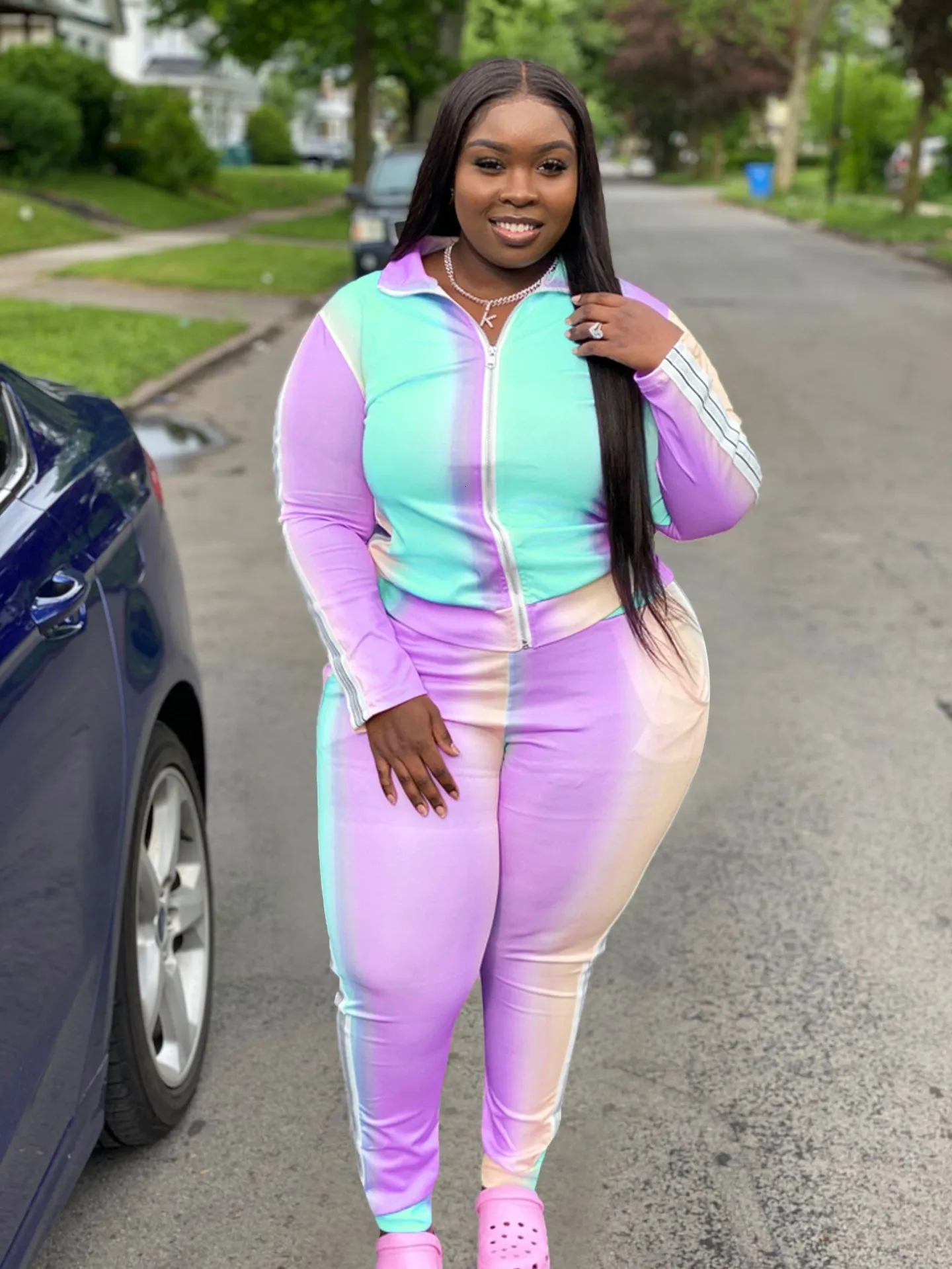 Plus Size Gradient Print Tracksuit For Women Fall Lapel Long Sleeve Plus Size Trouser Suits With Patchwork Design Casual Sports Suit For Casual Wear Oversized 5XL From Mu01 23.82 DHgate.Com