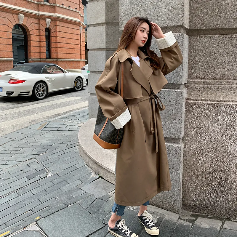 Casacos de trincheira feminina Moda Oversize Women Logo Women Trench Coat Long trespassed Coat Breakbreaker para Lady Spring Autumn Outerwear Black 230130