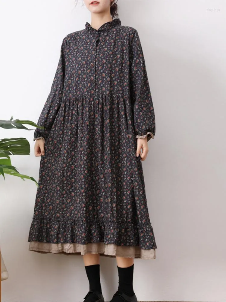 Casual Dresses Women Dresse Girl Art Printed Cotton Linen Autumn Long SleevesOffice Lady Loose Floral Leisure Vintage For