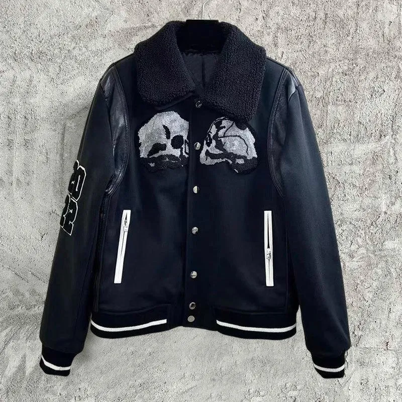 Men's Jackets High Quality Skull Pattern Button Color Contrast Leather Stitching Baseball Jacket Lamb Fleece Collar Lapel Men Black