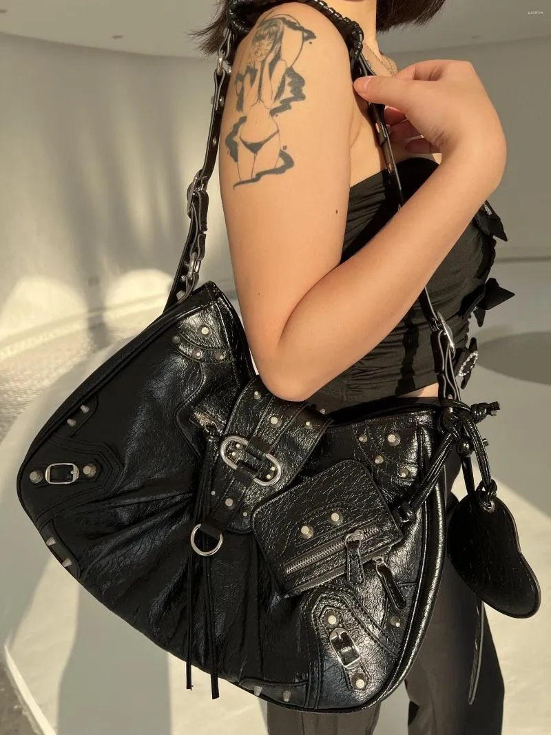 Black Gothic Rivet Motorcycle Bag 2024 Y2K Evening Bag Large Split Leather Messenger Purse for Women Black Gothic Rivet Motorcycle Bag 2024 Y2K Evening Bag Large Split Leather Messenger Purse for Women