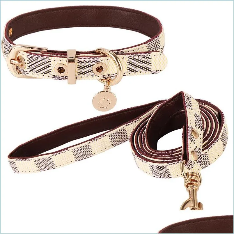 Dog Collars Leashes Designer Leather Collar And Leash Set Adjustable Basic  Check Pattern Durable Harness With Metal Buckle Suitabl From 5,9 € | DHgate